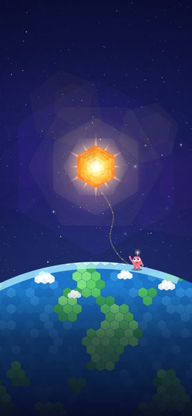 Phone wallpaper: a hex star above Stew standing on a hex-tile Earth